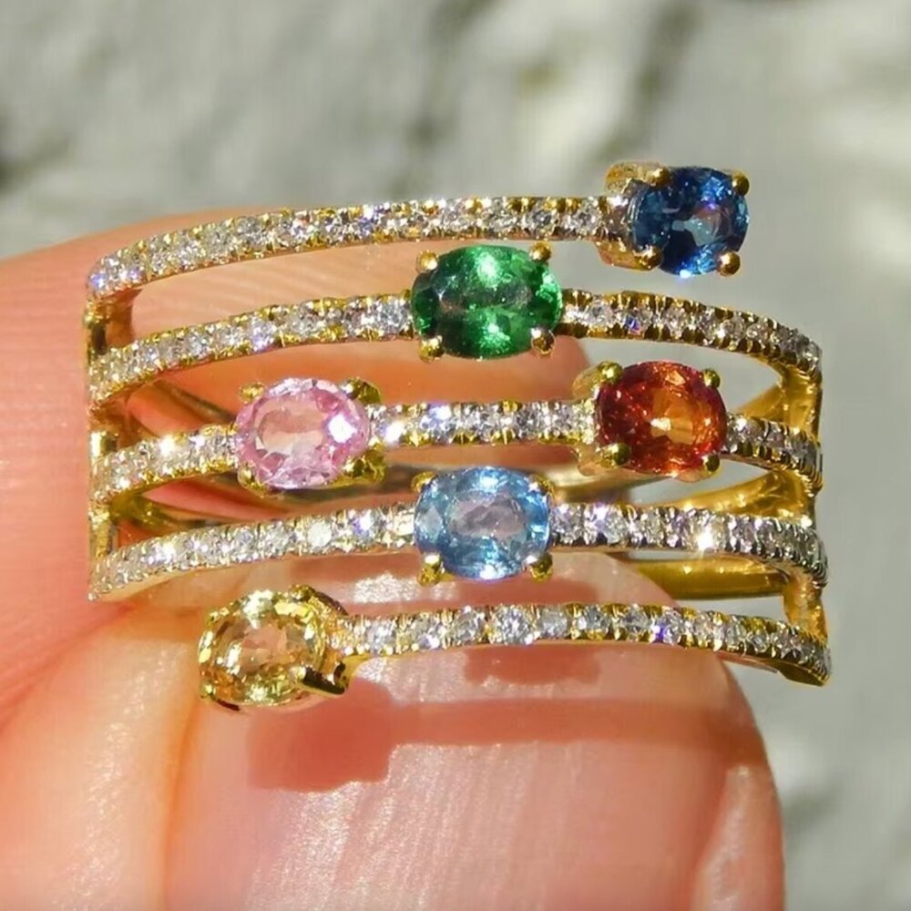 NEW 18k Yellow Gold Rainbow Multi Gemstone Diamond Ring Band Layered Ring